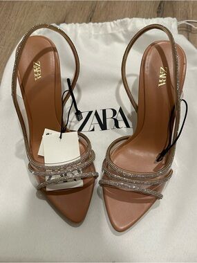 Zara Tan Rhinestone-Strap Pointed Slingback Heels